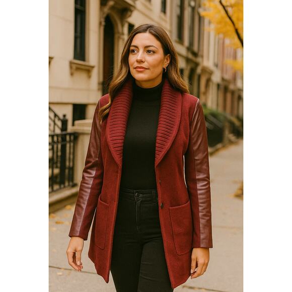 H by Halston Wool Blend Sweater Jacket Leather Sleeves Red 6 Quiet Luxury Maroon - Picture 1 of 10